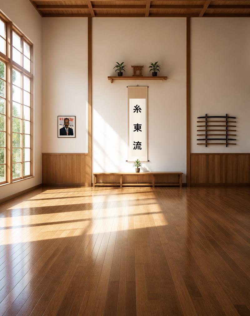 Sunlit interior of the MicroDojo karate dojo with polished wooden floors