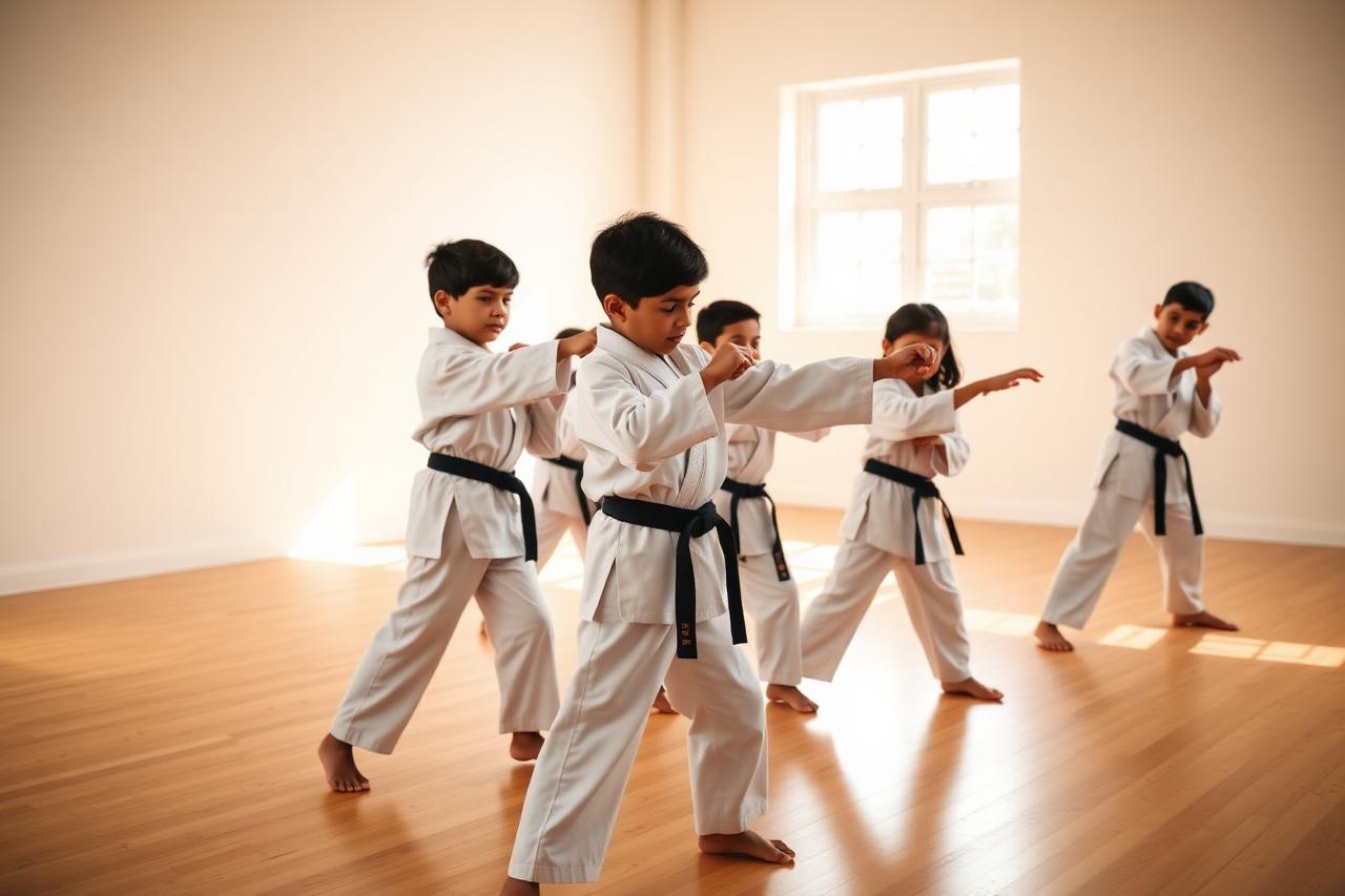 Children in white karate gis practising a punch in the MicroDojo dojo