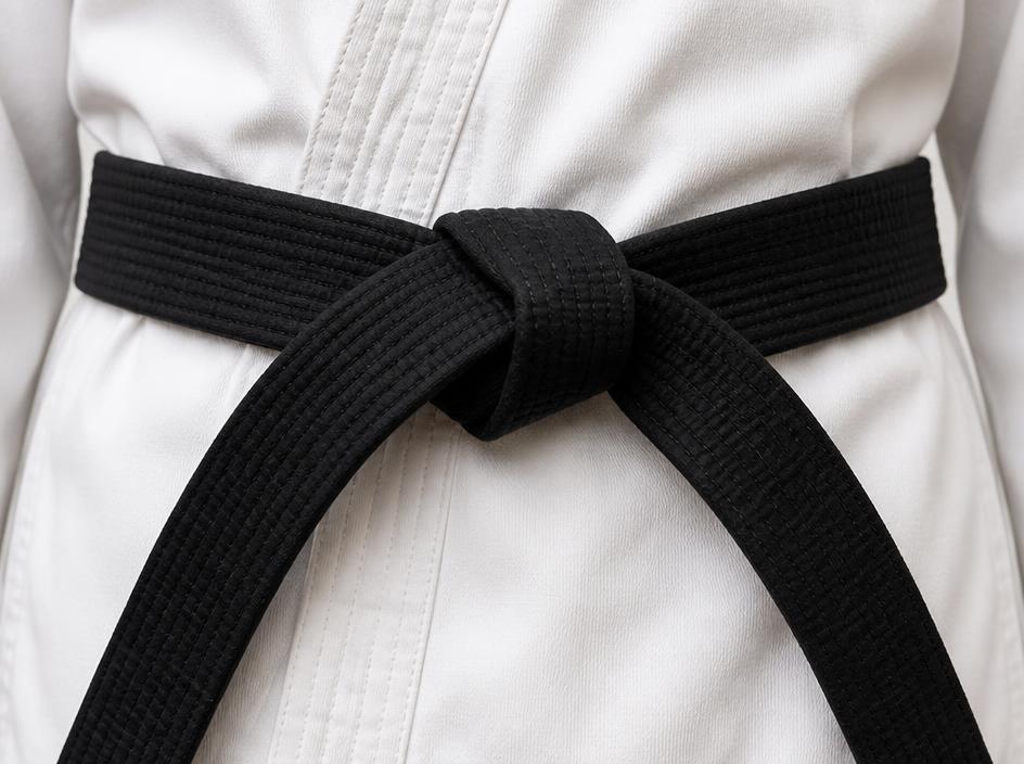 Close up of a black belt tied around a crisp white karate gi